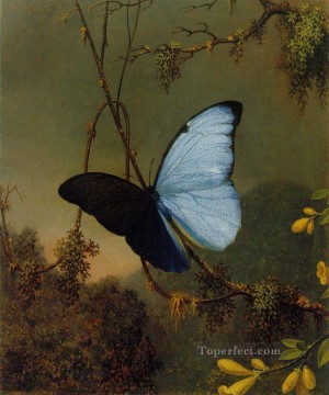  blue Oil Painting - Blue Morpho Butterfly ATC Romantic Martin Johnson Heade